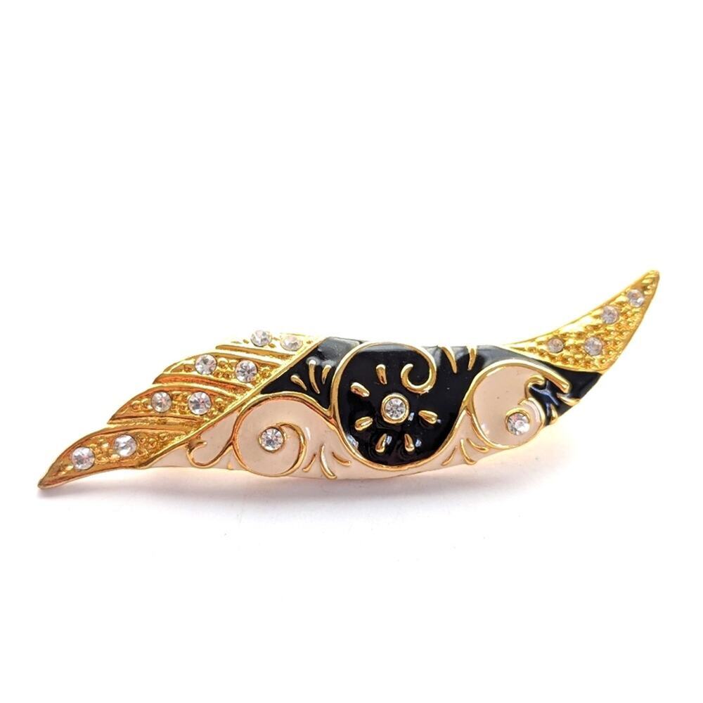 Vintage Designer Style White Black Enameled Gold Tone Rhinestone Mod Brooch